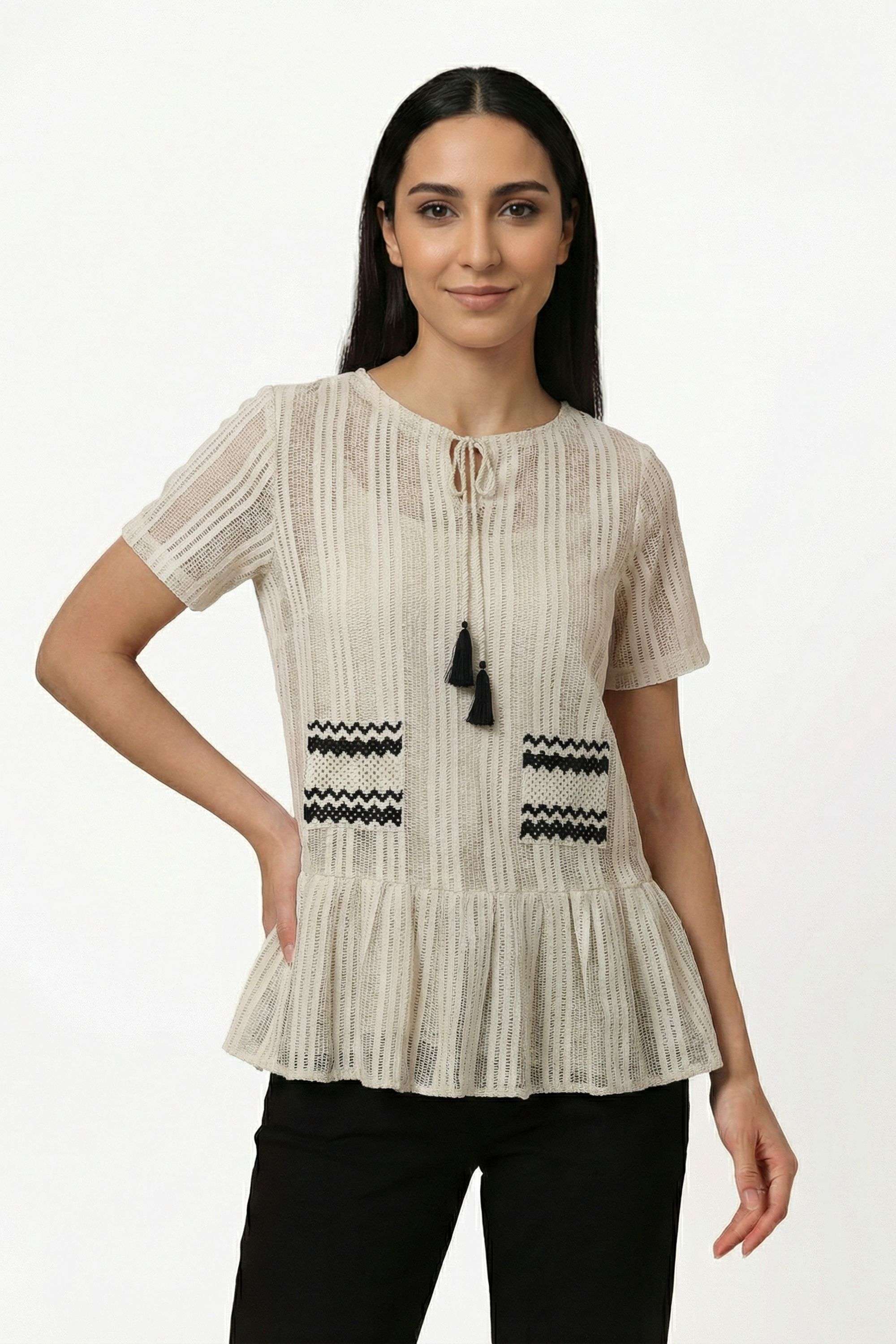 haute curry Textured Polyester Tie Up Neck Women Top-picture-40